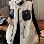 Modern Beige drawstring Pockets Winter Sleeveless Teddy Vest Jacket