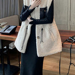 Modern Beige drawstring Pockets Winter Sleeveless Teddy Vest Jacket