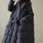Modern Black Hooded Patchwork Tie Waist Duck Down Puffer Jacket Winter