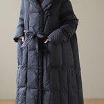 Modern Black Hooded Patchwork Tie Waist Duck Down Puffer Jacket Winter