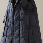 Modern Black Hooded Patchwork Tie Waist Duck Down Puffer Jacket Winter