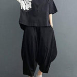 Modern Black Turn-down Collar Summer Cotton Linen Two Pieces Set