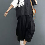 Modern Black Turn-down Collar Summer Cotton Linen Two Pieces Set
