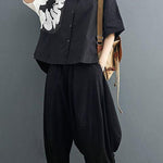 Modern Black Turn-down Collar Summer Cotton Linen Two Pieces Set