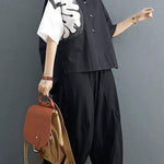 Modern Black Turn-down Collar Summer Cotton Linen Two Pieces Set