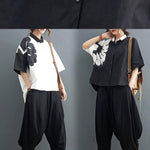 Modern Black Turn-down Collar Summer Cotton Linen Two Pieces Set