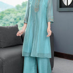 Modern Light Blue Embroideried Side Open Silk Two Piece Set Bracelet Sleeve