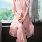 Modern Light Blue Embroideried Side Open Silk Two Piece Set Bracelet Sleeve