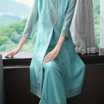 Modern Light Blue Embroideried Side Open Silk Two Piece Set Bracelet Sleeve