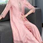 Modern Light Blue Embroideried Side Open Silk Two Piece Set Bracelet Sleeve