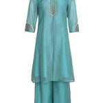 Modern Light Blue Embroideried Side Open Silk Two Piece Set Bracelet Sleeve