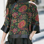 Modern black Stand Collar button print Patchwork Silk tops Spring