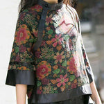 Modern black Stand Collar button print Patchwork Silk tops Spring