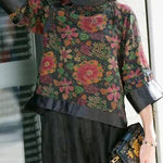 Modern black Stand Collar button print Patchwork Silk tops Spring