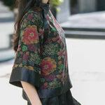 Modern black Stand Collar button print Patchwork Silk tops Spring