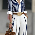Elegant Color-Block Striped Two-Piece Set(Includes a standard belt)