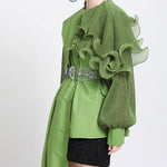 Natural Green lantern sleeve Button Chiffon Top