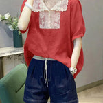 Natural Red Peter Pan Collar Lace Patchwork Linen Tops Short Sleeve
