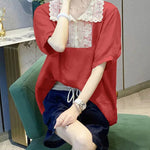 Natural Red Peter Pan Collar Lace Patchwork Linen Tops Short Sleeve