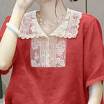 Natural Red Peter Pan Collar Lace Patchwork Linen Tops Short Sleeve