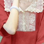Natural Red Peter Pan Collar Lace Patchwork Linen Tops Short Sleeve