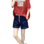 Natural Red Peter Pan Collar Lace Patchwork Linen Tops Short Sleeve