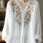 Natural White V Neck Linen Shirt Top Long Sleeve