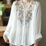 Natural White V Neck Linen Shirt Top Long Sleeve