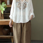 Natural White V Neck Linen Shirt Top Long Sleeve