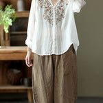 Natural White V Neck Linen Shirt Top Long Sleeve