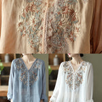 Natural White V Neck Linen Shirt Top Long Sleeve