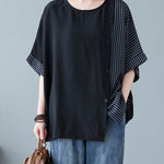 Novelty Black O-Neck Striped Patchwork Button Cotton T Shirts Half Sleeve