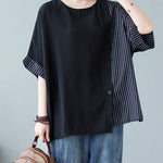 Novelty Black O-Neck Striped Patchwork Button Cotton T Shirts Half Sleeve