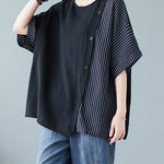 Novelty Black O-Neck Striped Patchwork Button Cotton T Shirts Half Sleeve