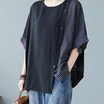 Novelty Black O-Neck Striped Patchwork Button Cotton T Shirts Half Sleeve