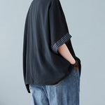 Novelty Black O-Neck Striped Patchwork Button Cotton T Shirts Half Sleeve