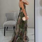 Elegant Painted Floral Print V-Neck A-Line Maxi Dress