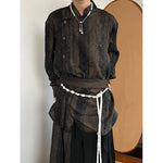 Vintage Tie-dye Ribbon Stand Collar Pleated Shirt