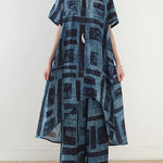 gray prints casual Chiffon two pieces side open tops and elastic waist wide leg pants