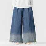 Japanese Retro Denim Gradient Color Raw Edge Wide Leg Pants