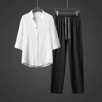 Retro Ice Silk Short Sleeve V-Neck Shirt Drawstring Trousers Two-Piece Set
