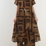 gray prints casual Chiffon two pieces side open tops and elastic waist wide leg pants