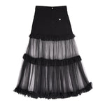 French Denim Patchwork Mesh Skirt