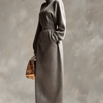 Exquisite Casual Lapel Front Zipper Long Sleeve Light Gray Waffle Fabric Maxi Dress