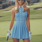 Elegant Sports White Button Detail Baby Blue Sleeveless Mini Dress
