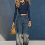Casual Fashion Gradient Washed Denim Blue Gray Loose Pants