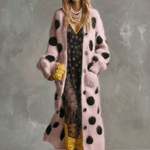 Vintage Fashion Lazy Front Button Black Polka Dot Pink Imitation Rabbit Fur Knitted Long-sleeved Cardigan