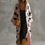 Vintage Fashion Lazy Front Button Black Polka Dot Pink Imitation Rabbit Fur Knitted Long-sleeved Cardigan