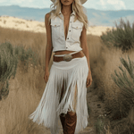 Retro Premium Western Style Brown Belt White Suede Tassel Skirt