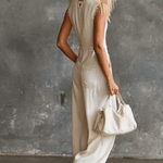Elegant Vintage Western V-neck Front Buttons Lace Trim White Cotton Jumpsuit
